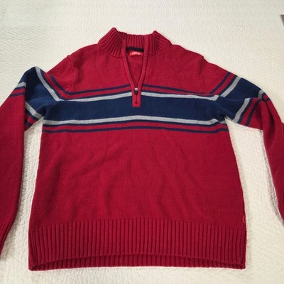 IZOD Mens Small Red Striped Quarter Zip Pullover Sweater Mock Neck Navy Blue