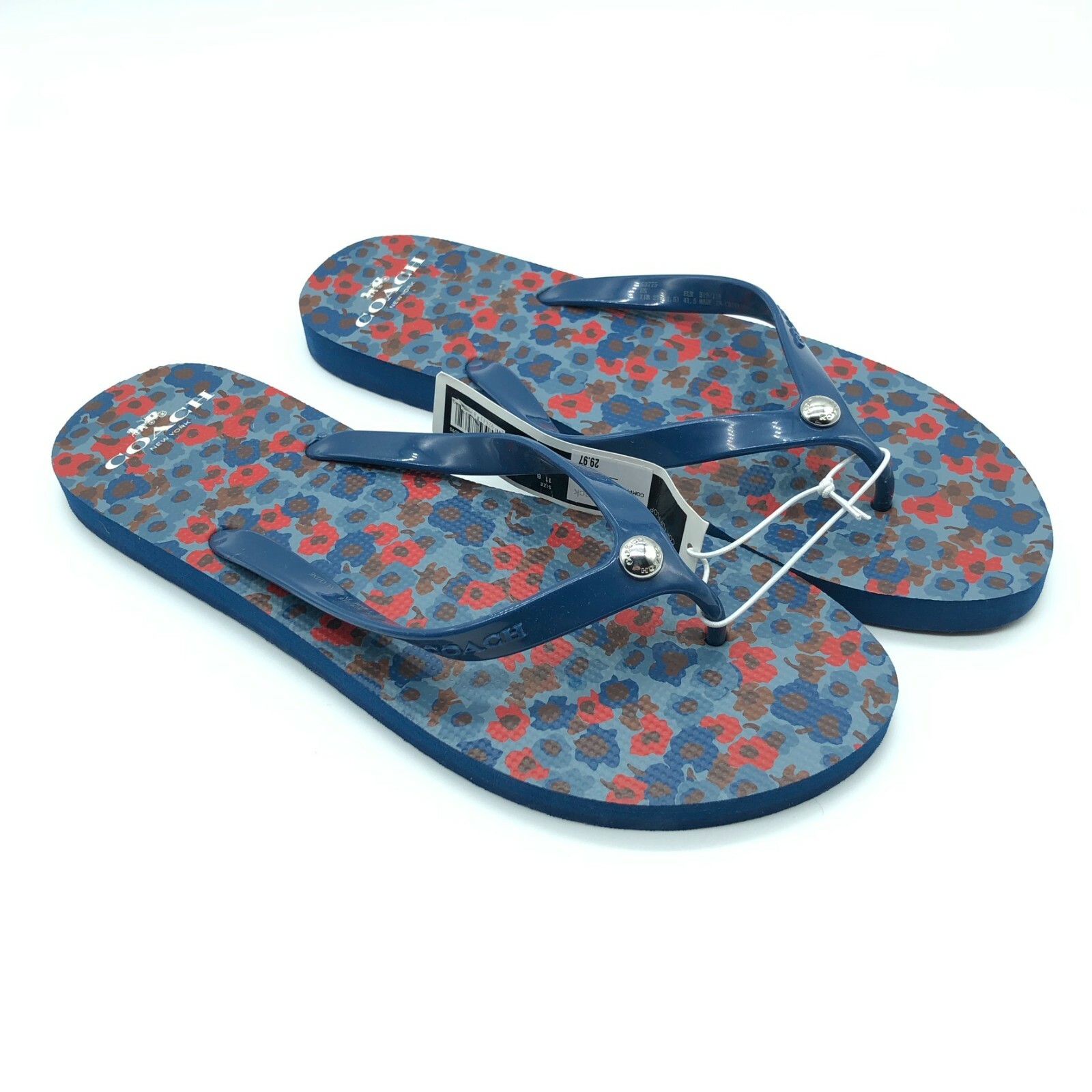 Coach Womens Flip Flop Sandals Floral Slip On Rubber Blue