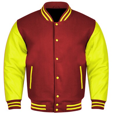 Varsity College Lettermen Baseball  Bomber Maroon Wool & Yellow Leather Jacket