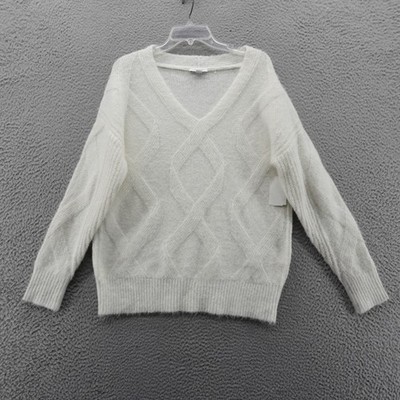Topshop Cream Cable Knit Fuzzy V Neck Sweater Womens XS NEW