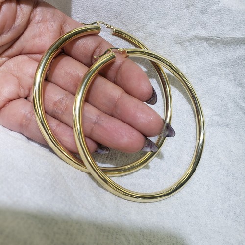 Pre-owned Handmade Extra Large Big Huge Thick Real 14k Yellow Gold Plain Hoop Earrings 3.50 Inches