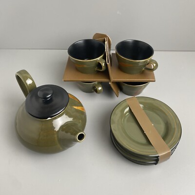 Pier 1 Imports Dakara Tea Set - 4 Tea Cups, 4 Saucers & 1 Pot New w/ 1 Defect