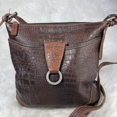 Jack Georges Crocodile Embossed Leather Crossbody Bag Brown Medium