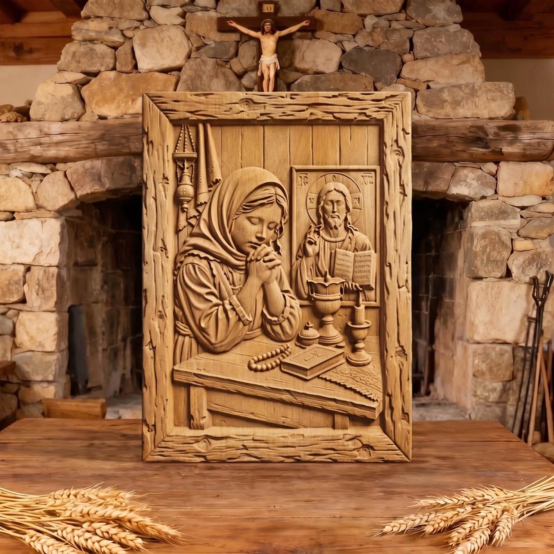 Young Girl Praying Wooden Carved Handmade Christian Icon | Byzantine Home Decor