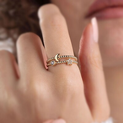 Primal Gold 14k Yellow Gold Moon Cubic Zirconia Ring, Dainty Moon Star Prom, 6