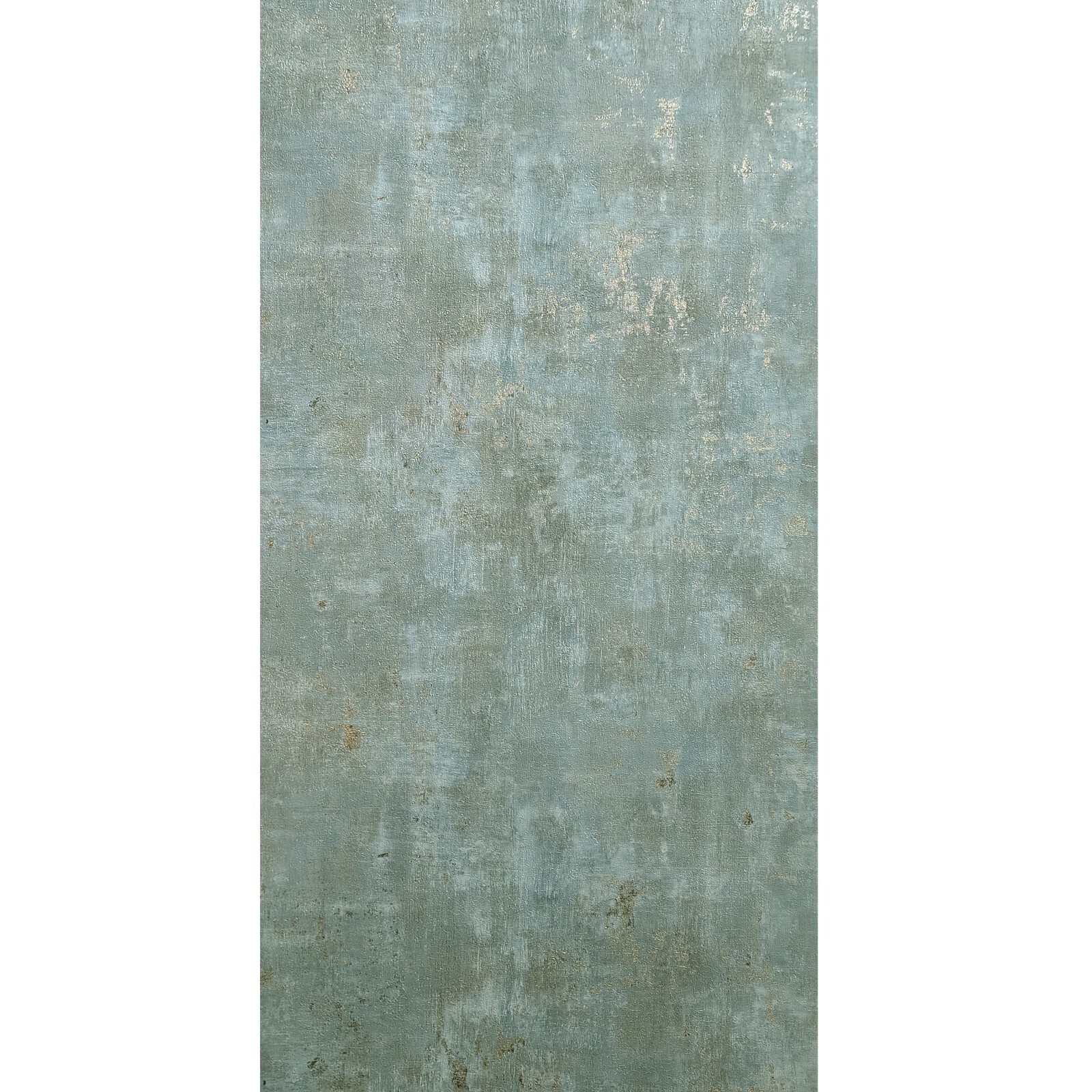 Distressed grayish green mint gold metallic Faux Concrete textured wallpaper