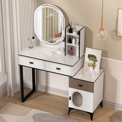 3 Drawers With LED Mirror Makeup Vanity Table Set Bedroom Dressing Dresser Desk
