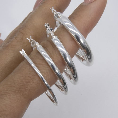 Plain Polished Round Hoop Earrings 925 Sterling Silver All