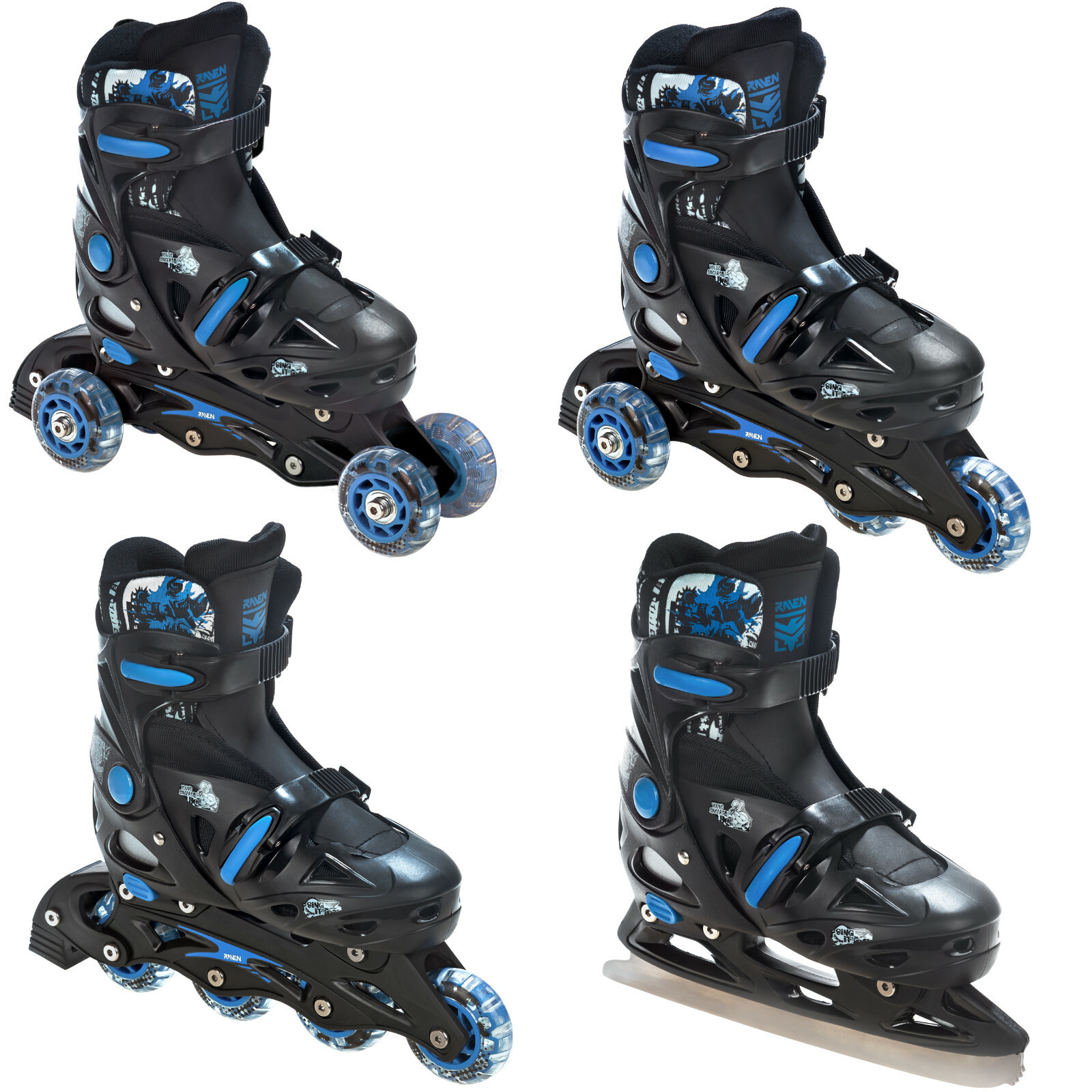 4in1 Inlineskates/Triskates/Rollschuhe/Schlittschuhe Raven Singer Blue - Neu!