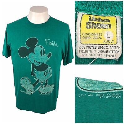MICKEY MOUSE Mens Large Shirt Tee Green Vintage 80s Florida Velva Sheen Rare HTF