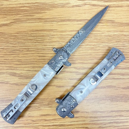 9" Milano Damascus Spring Assisted Open White Folding EDC Pocket Stiletto Knife