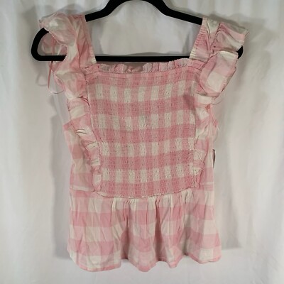 New Old Navy Tank Top Women's Small Pink White Plaid Smocked Sleeveless Blouse