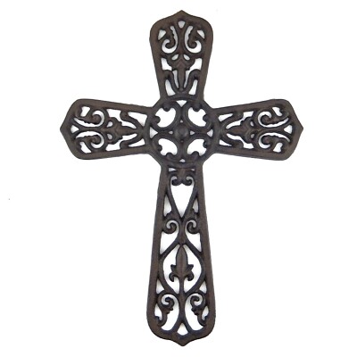 Large Fleur De Lis Wall Cross Ornate Scrolls Rustic Brown Cast Iron 14 1/4 in