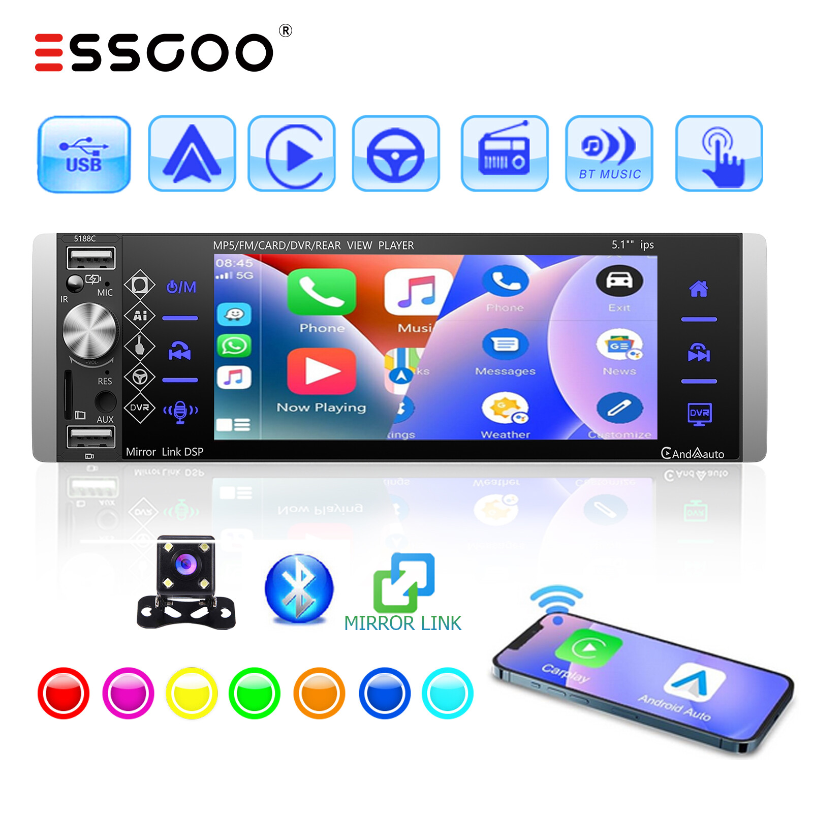 Stereo Single Din Wireless Carplay Android Auto Ips Screen Mp5 +cam