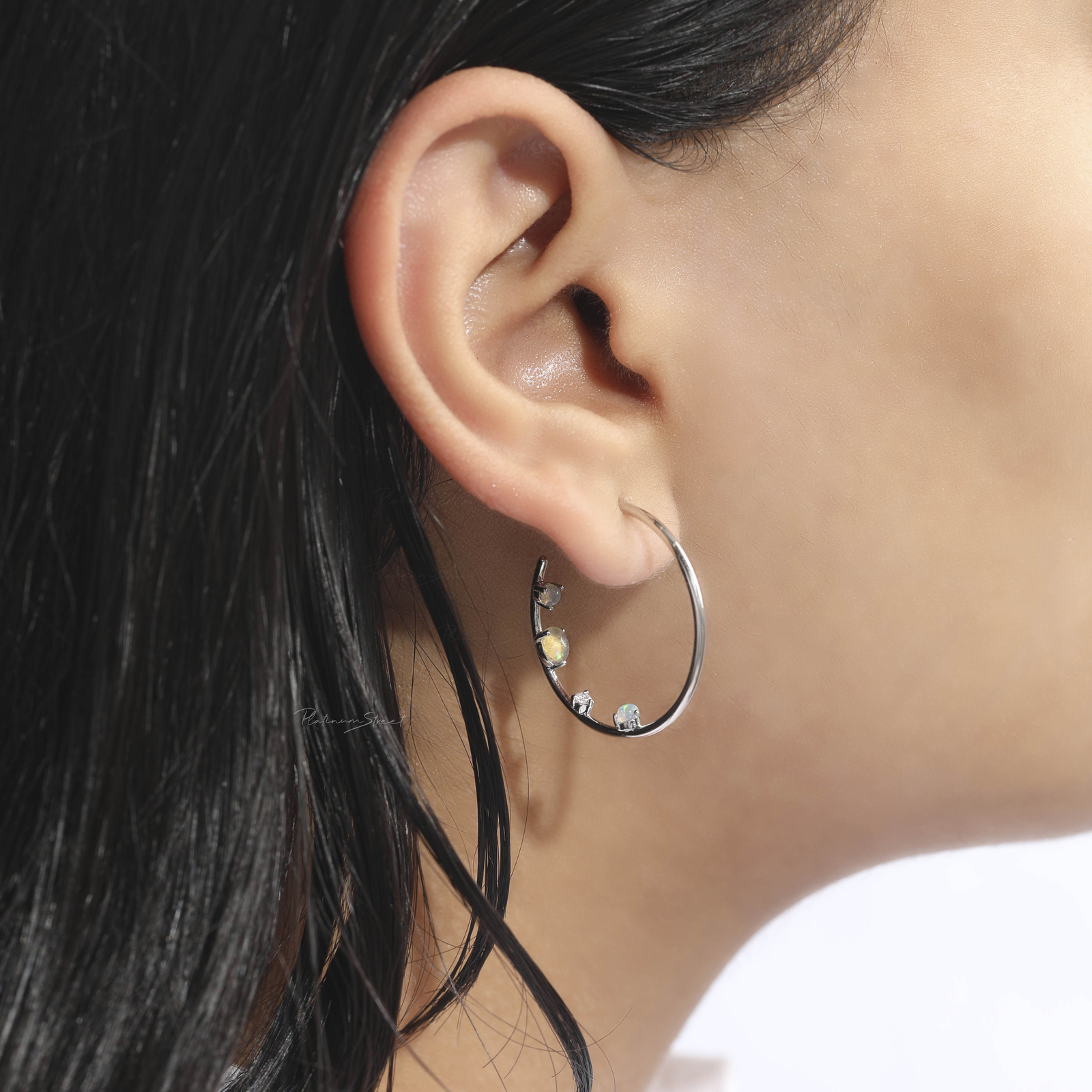 950 Platinum Natural Diamond And Opal Gemstone Inverted Hoop Earrings