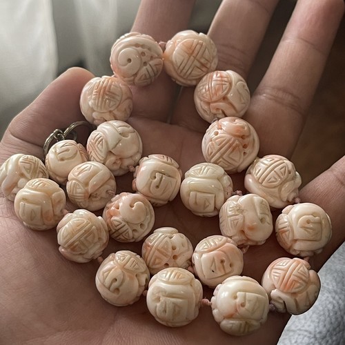 Old & Natural Chinese Undyed Carved Angel Skin Coral Bead Necklace 119.5 Grams