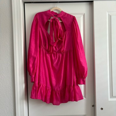 NWT ASOS Hot Pink Babydoll Neck Tie Mini Dress Sz 14 Barbie