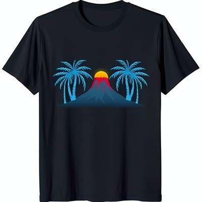 Retro Volcano Eruption T-Shirt Black Tee with Sunset & Tree