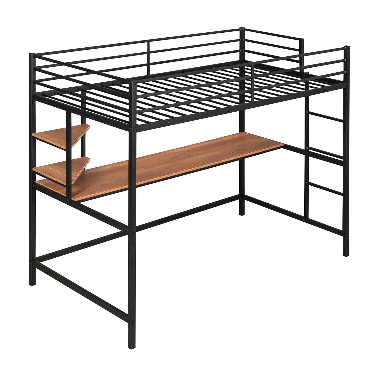 Twin/Full Size Sturdy Metal Bed Frame Loft Bed with Desk and Shelf