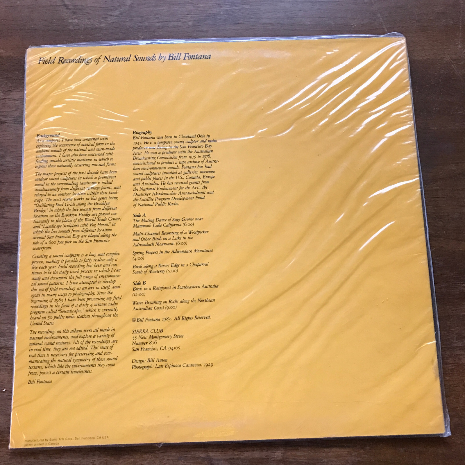 Field Recordings Natural Sounds Bill Fontana Vinyl LP SEALED M/VG+ 1983 Sierra C