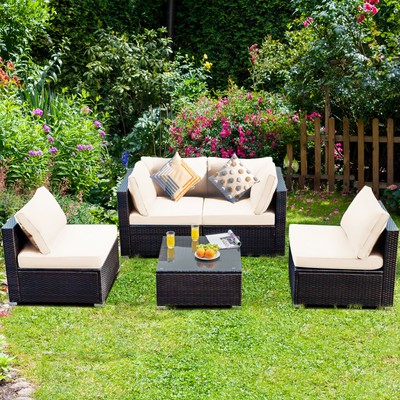 5PCS Rattan Patio Conversation Set Sofa Furniture Set w/ White Cushions