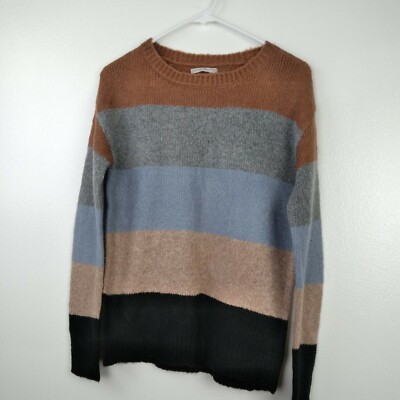 Active USA Sweater Women's Small Colorblock Stripe Tan Blue Jumper Pullover