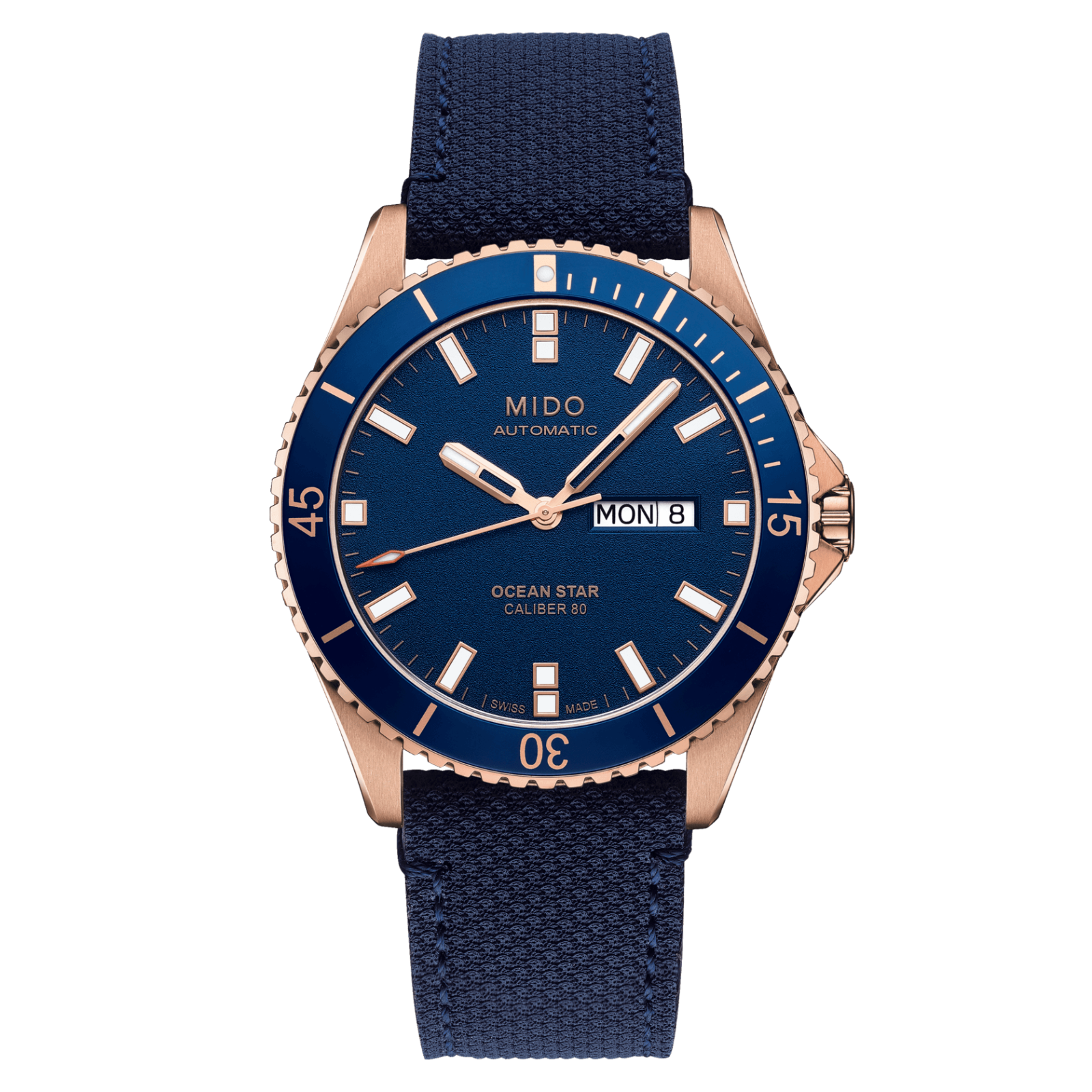 Pre-owned Mido Ocean Star 200 Rose Gold Blue Dial Fabric Strap 42mm Watch M0264303604100
