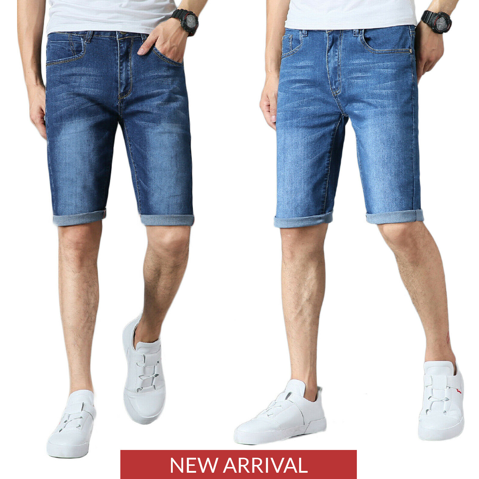 Mens Boys Denim Shorts Stretch Slim Fit 