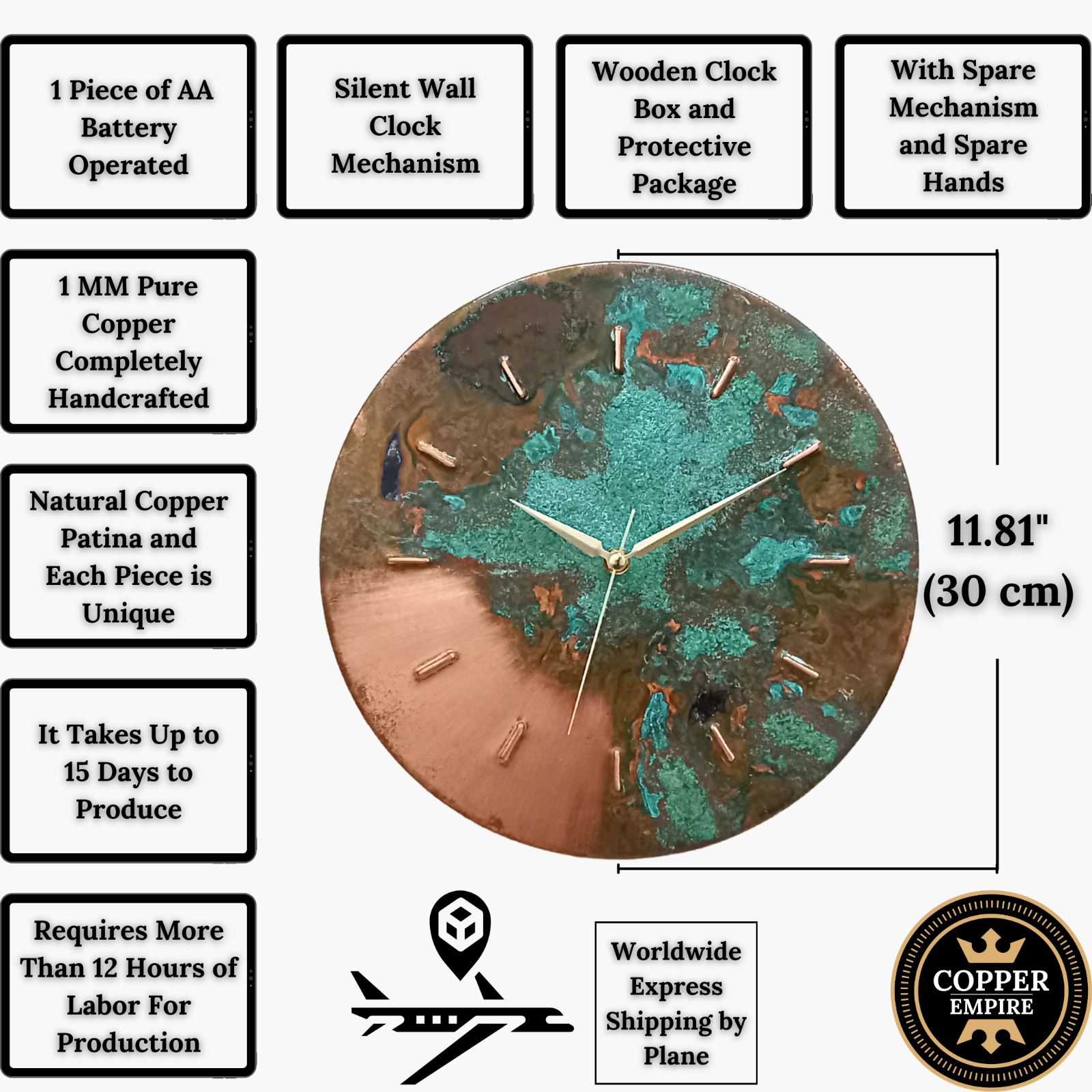 Modern Silent Original Handmade Copper Art Deco Wall Clock, Metal Wall Art Decor