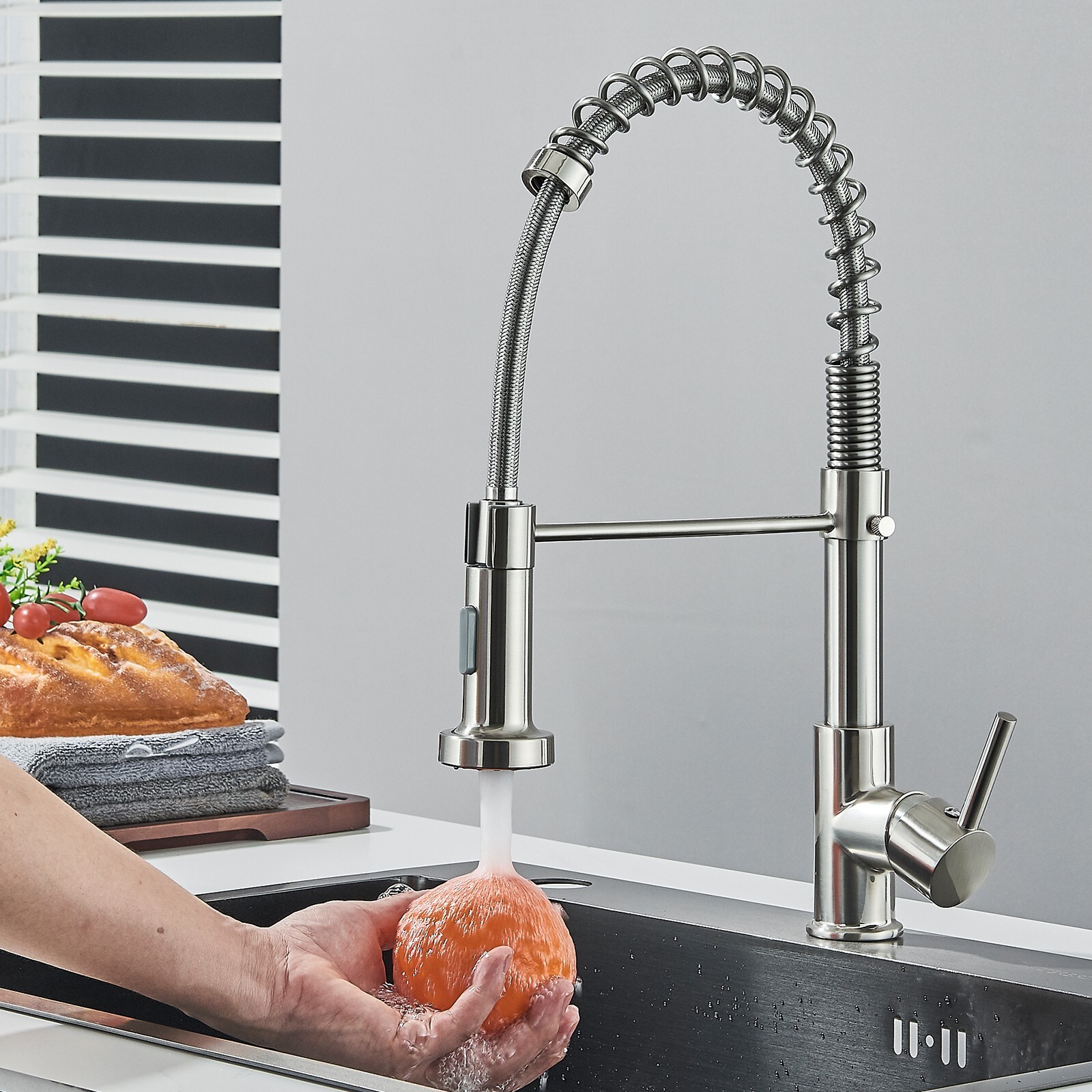 Brushed Nickel Kitchen Faucet with Pull Down Sprayer Single Handle Sink Mixer