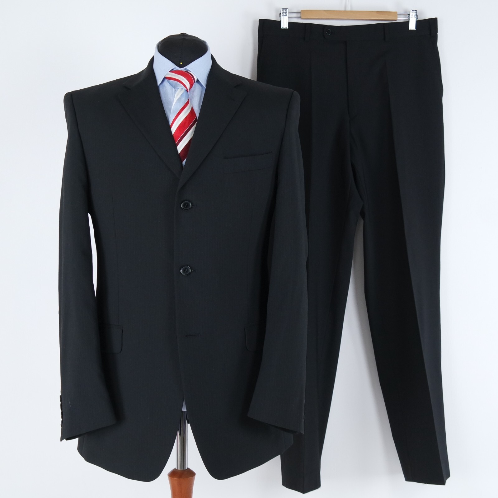 Mens Black Striped Suit 42L UK Size Trousers W35 L33 OZETA Wool 2 Piece