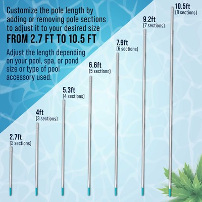 10.5 Foot Aluminum Telescopic Swimming Pool Pole, 8 Sections, Attach Accessories