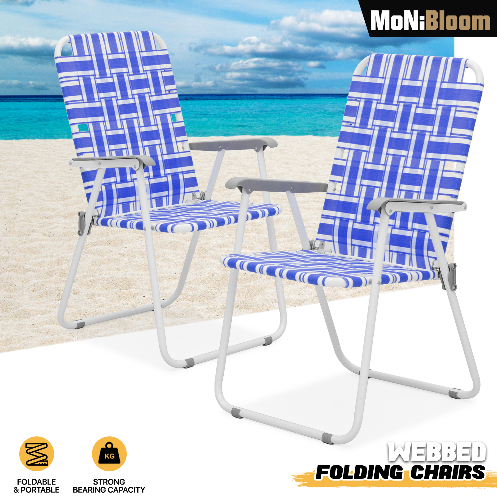 WIND AND SEA FOLDING CHAIR (1S) / ×2 Set of 2 Folding Portable Beach Chair Blue Breathable Webbed