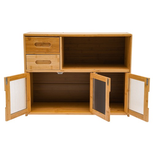 Bamboo Kitchen Countertop Cabinet Pantry Sideboard W/ Clear Striped Glass Doors 