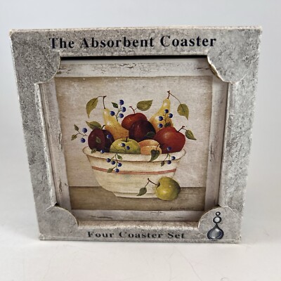 Stone Art The Absorbent Coaster Set of Four , Fruit Bowl New In box Cork Backing