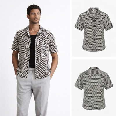 Reiss Mens Sterling Shirt Cuban Collar Navy White Geometric Crochet RRP £120