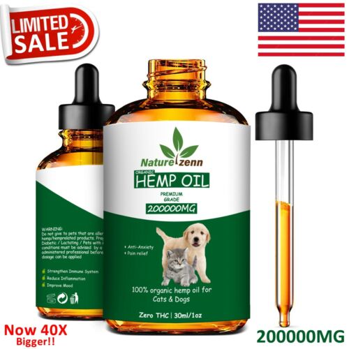 Hemp Oil for Dogs Cats Pets 200000mg - Calming Drops -100% Organic Free Shipping