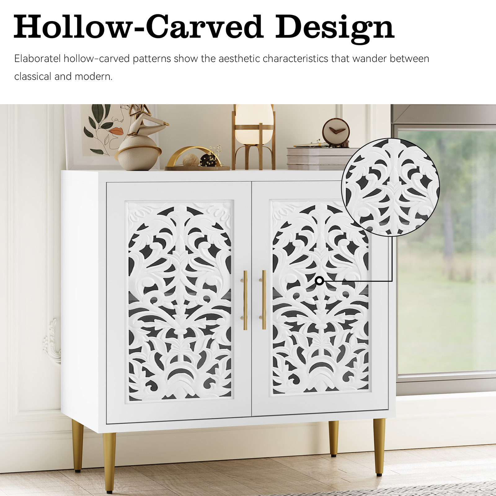 Accent Cabinet Sideboards with Doors Vintage Hollow Carving Buffet Cabinet White