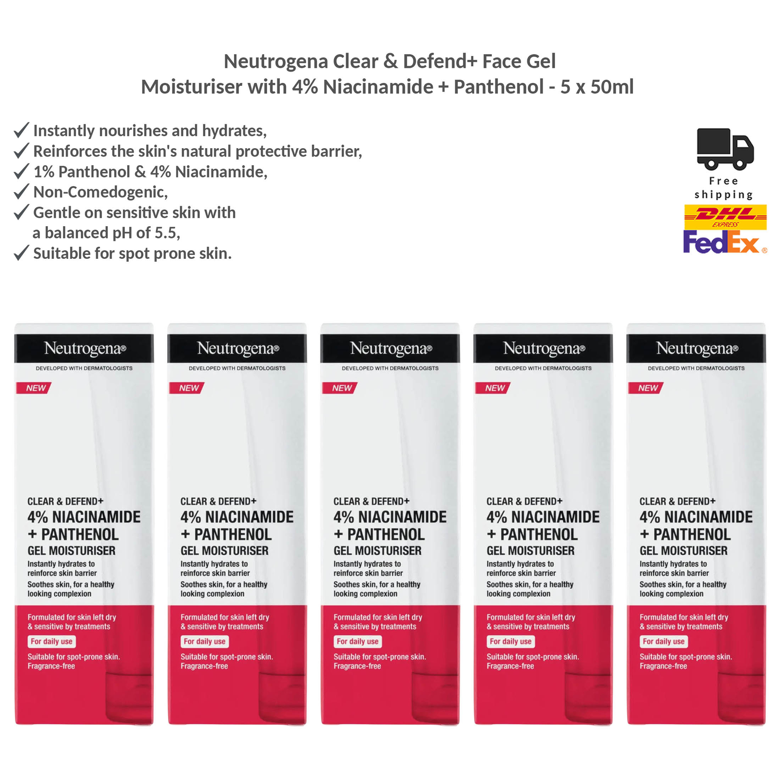 Neutrogena Clear & Defend Face Gel Moisturiser - Niacinamide & Panthenol 5x50ml
