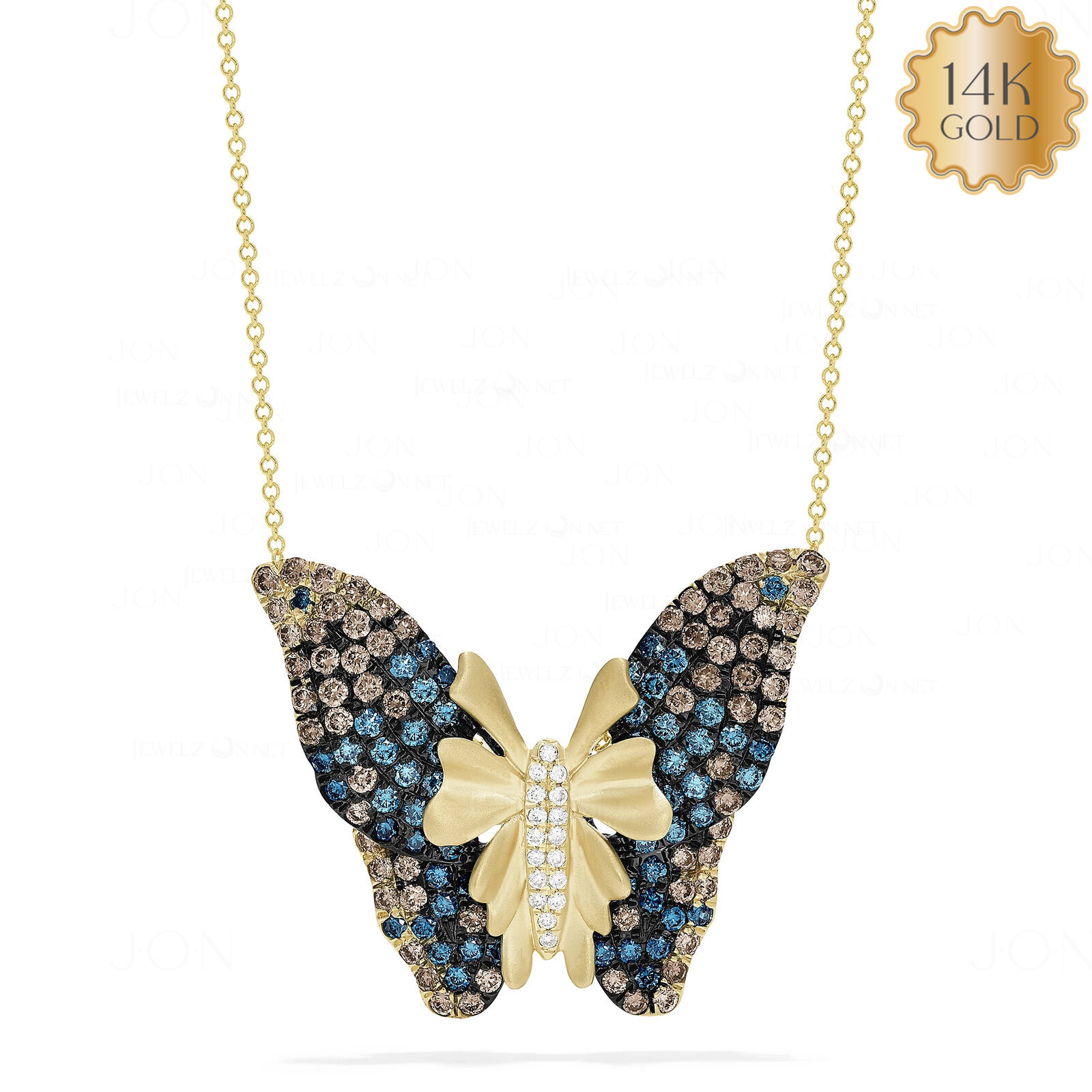 14K Gold Natural White, Blue and Salt-Pepper Diamond Butterfly Pendant Necklace