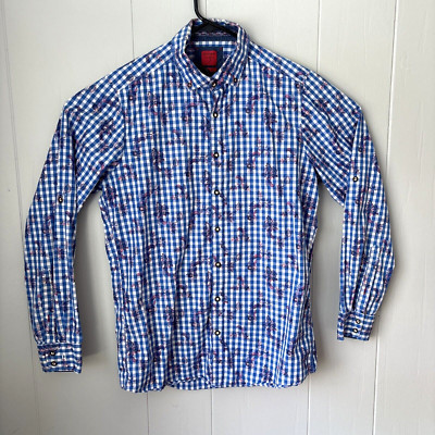 OLYMP Level 5 Five Body Fit Long Sleeve Shirt Men's Sz L Blue Floral Checkered