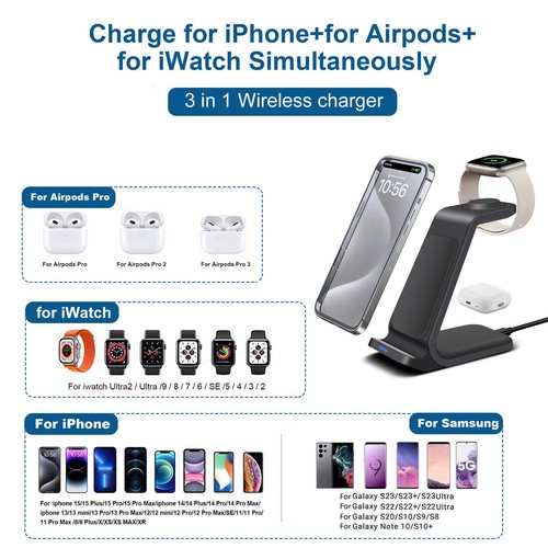 15W 3in1 Wireless Charger Station Charging Dock For iPhone 15 Apple Watch 9 8 7 