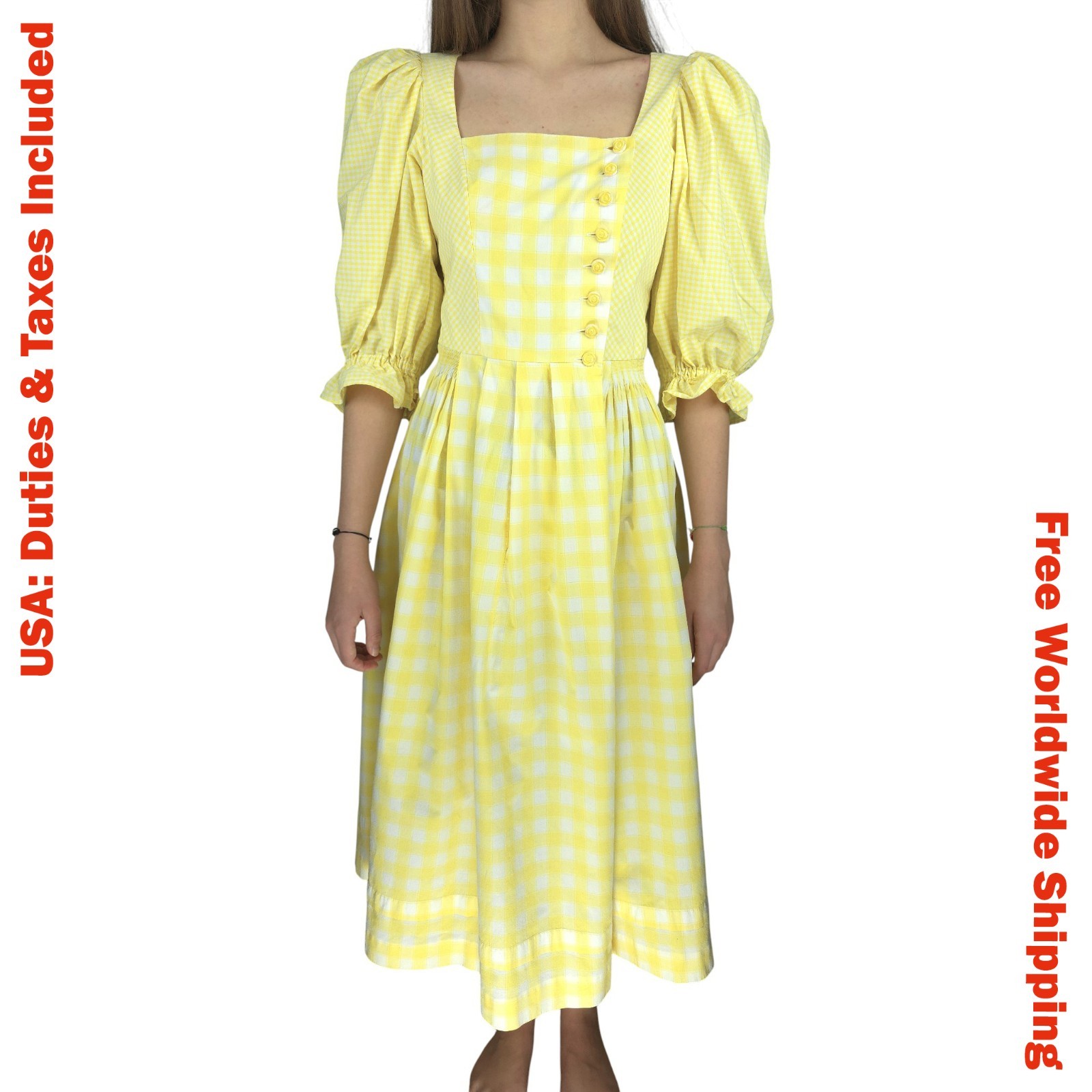Vintage Sportalm Yellow/White Pleated Oktoberfest Dirndl Midi Dress Size 36 (S)