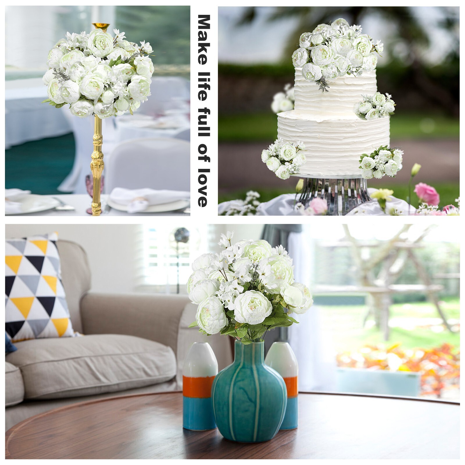 EZFLOWERY Artificial Peony Silk Flowers Arrangement Bouquet for Wedding - White