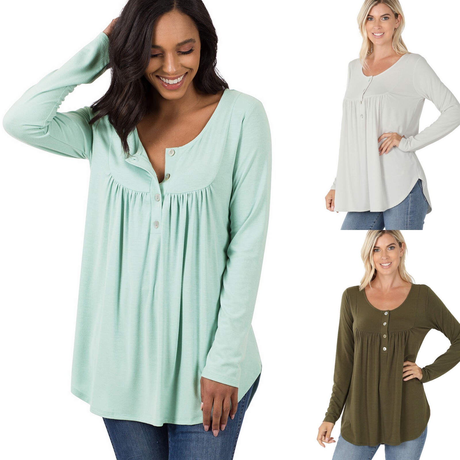Henley Round Neck Buttons Yoke Shirring Detail Long Sleeve Rayon Top Shirt S-XL