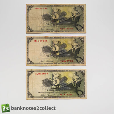 GERMANY: 3 x 5 German Mark Banknotes.