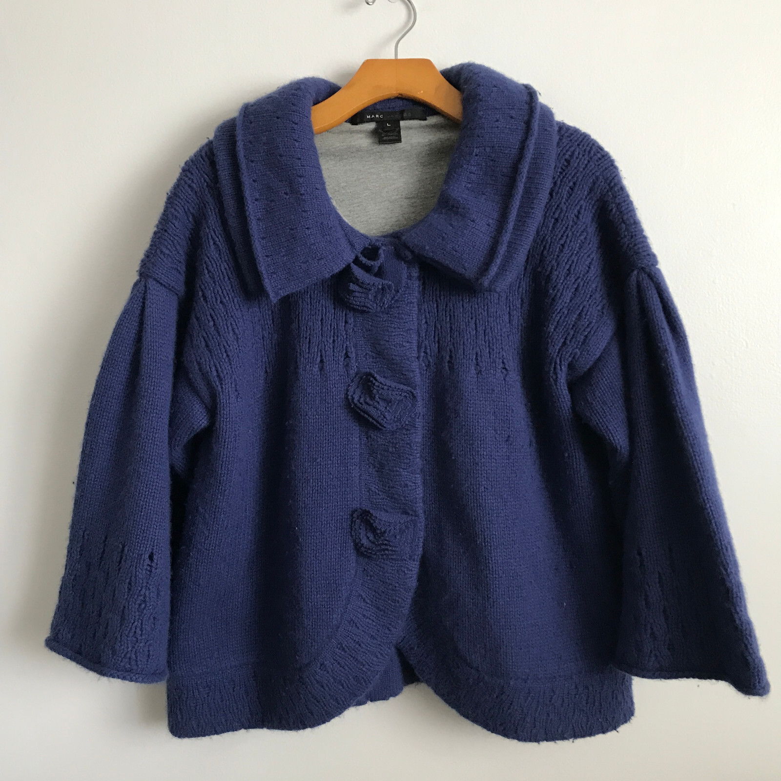 Marc Jacobs Swing Coat Womens Large Blue Wool Cardigan Jacket Button Collar 50s