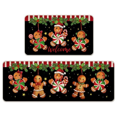 Tailus Welcome Christmas Gingerbread Man Kitchen Rugs Set of 2, Xmas Peppermi...