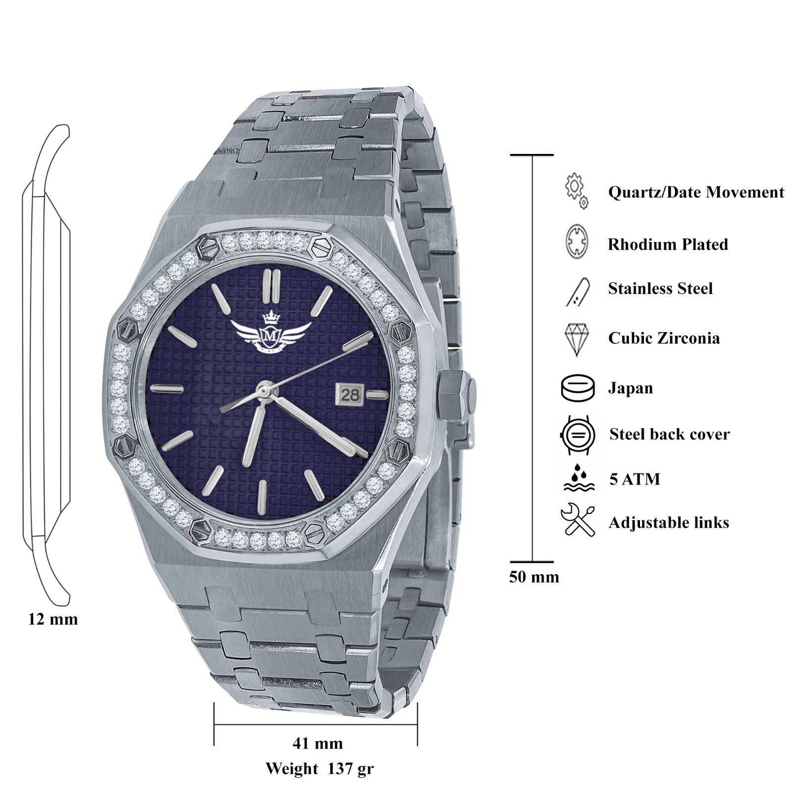 Pre-owned Bling Master Men's Full Steel Blue Dial White Gold Tone W/date Simulated Diamonds 42 Mm Watch