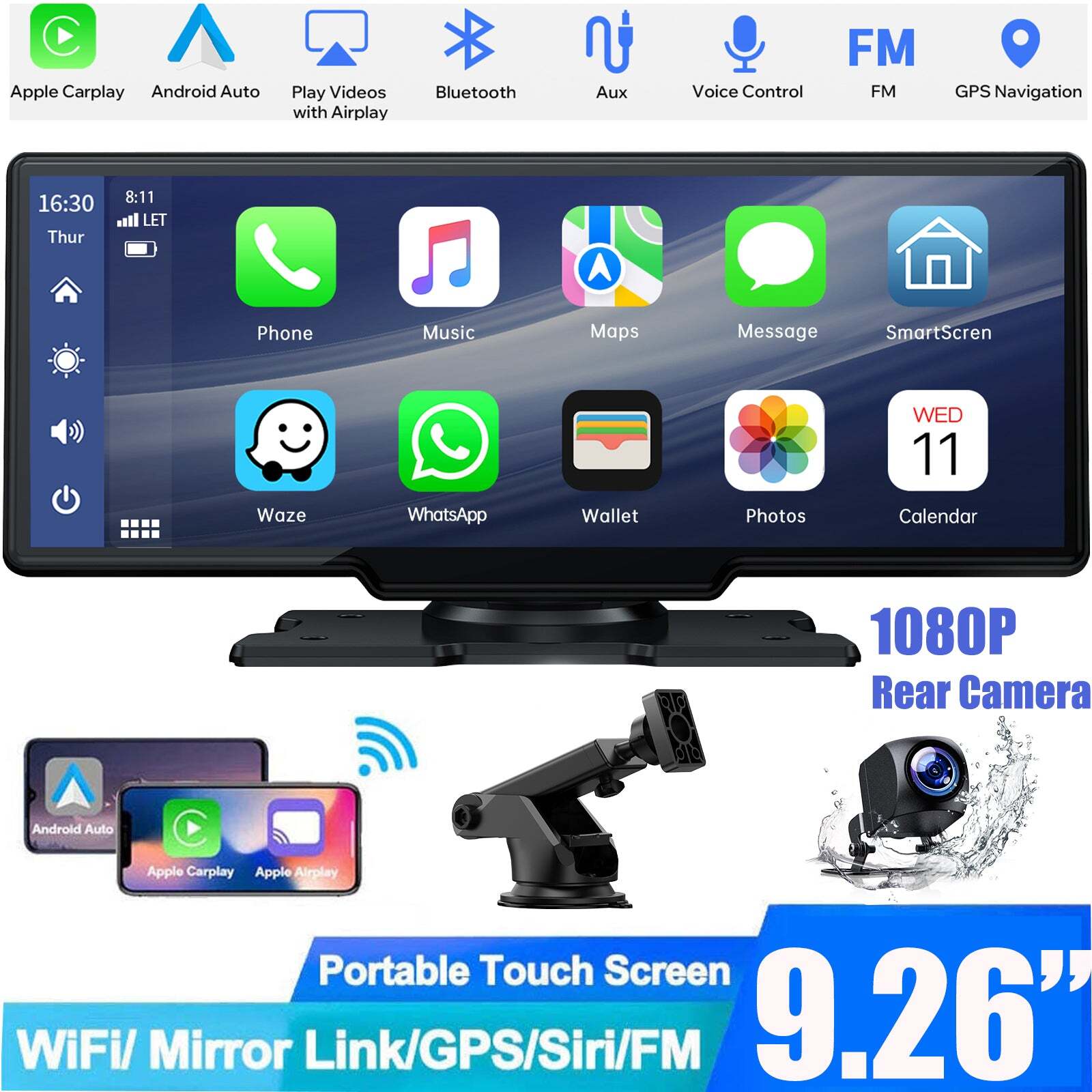 Portable 9.26"Wireless Apple CarPlay /Android Auto For Car S